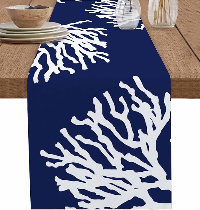 Coastal Coral Cotton Linen Table Runner for Dining Kitchen, Wedding Outdoor Party Tablerunners Decoration, Navy Blue Nautical Ocean Beach Dresser Scarf Coffee Tablecloth Runners 13x60 Inches