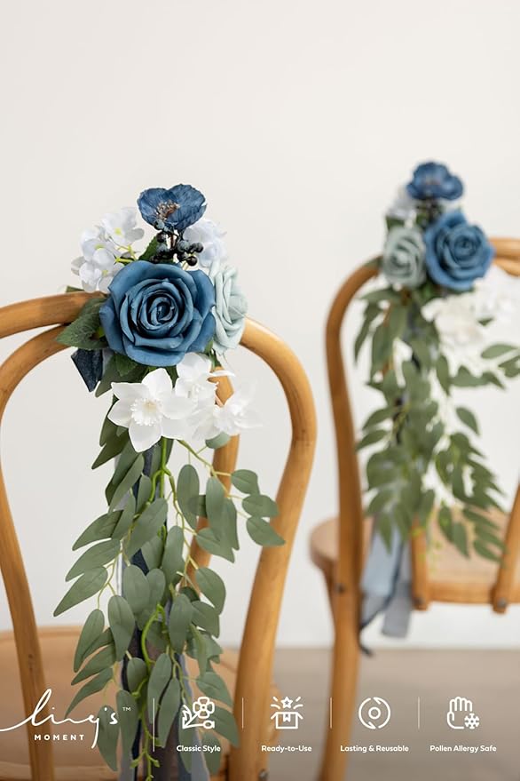 Artificial Flowers for Aisle Pews, 8 Pack in Dusty Blue and Navy