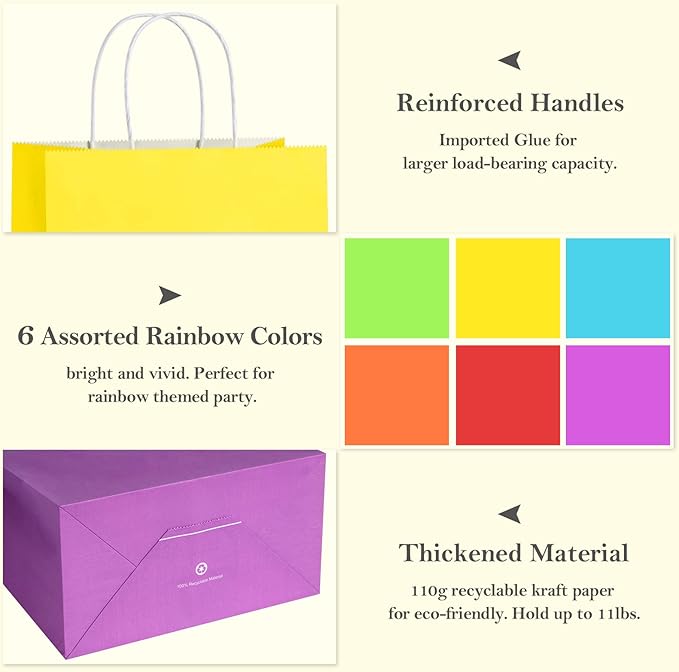 Gift Bags 48 Pack, Rainbow Kraft Paper with Twist Handles, 10x5x13 Inch