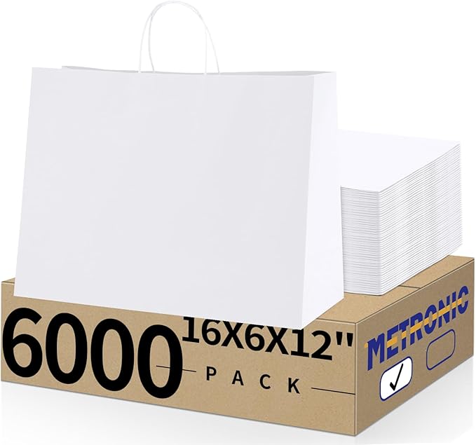 METRONIC Kraft Paper Gift Bags with Handles 16x6x12 Inch 6000 Pack | Christmas, Birthday Party Favors, Retail Shopping, Small Business Bulk | White Gift Wrap Bag