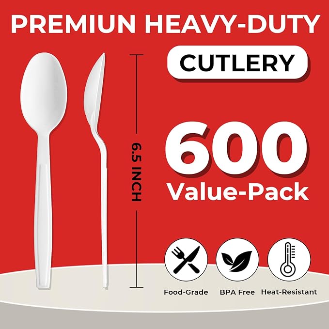 Disposable Plastic Spoons, 600 Count, Heavy Duty White