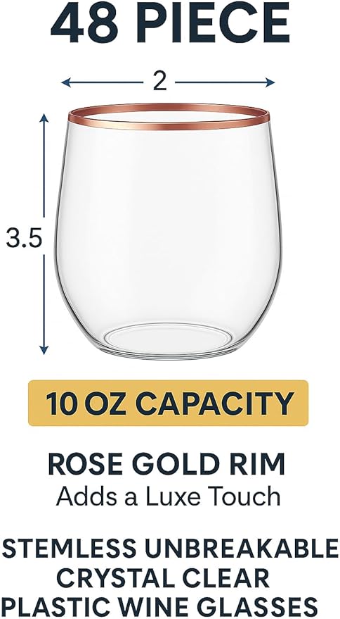 Stemless Plastic Wine Glasses 48 Count, 10 oz with Rose Gold Rim