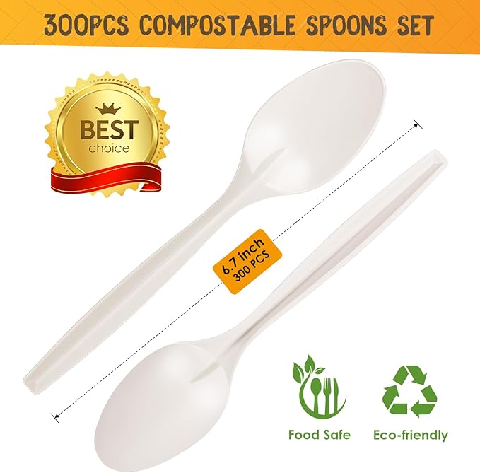 Disposable Compostable Spoons, 300 Count, White, Corn Starch