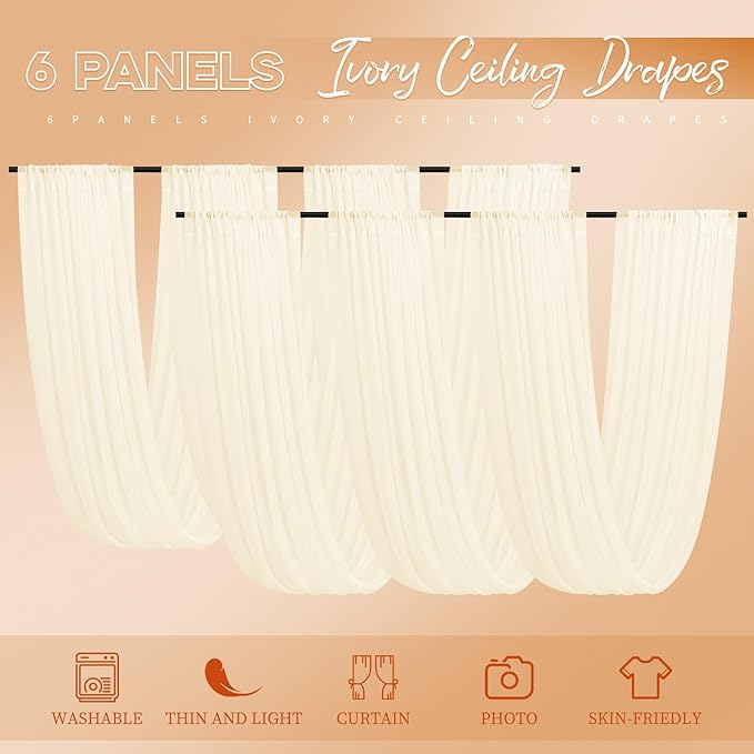 6 Panels Ivory Ceiling Drapes for Wedding 5ftx10ft Wedding Arch Draping Fabric Cheesecloth Sheer Curtain Romantic Decorations for Party Banquet Ceremony Stage