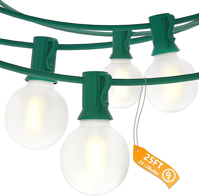 String Lights: 25 Ft G40 Globe, 27 Frosted White LED Bulbs