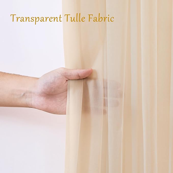 20×10ft Champagne Tulle Backdrop Curtain with Lights String for Parties, Sheer Curtain Backdrop Drapes for Wedding Party Photography Background
