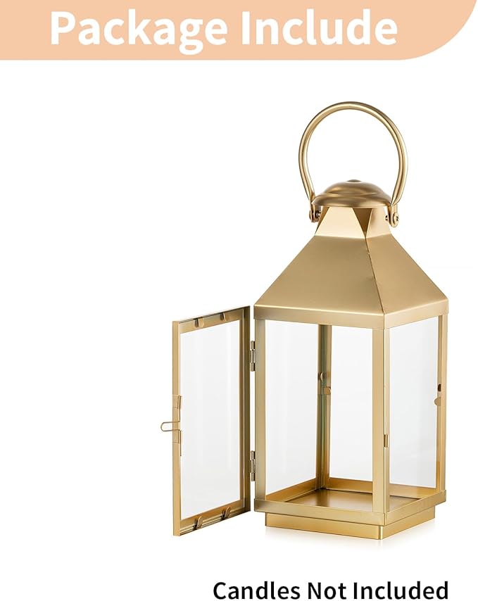 Decorative Candle Lantern, 11.2 Inch Gold Metal with Glass
