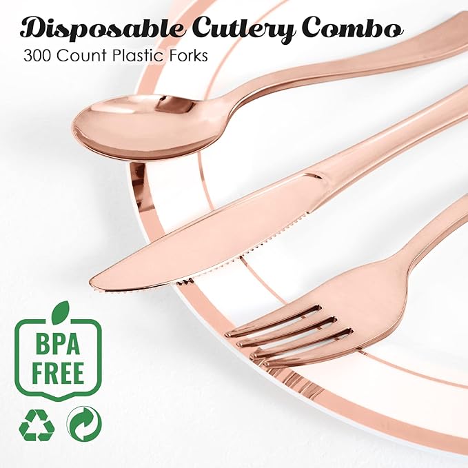 Rose Gold Plastic Party Forks, 300 Count, 7.4 Inch Disposable Utensils