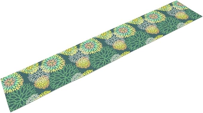 Green Dahlia Flower Table Runner, Linen Geometric Pattern Floral Table Decor Spring Farmhouse Decorations for Kitchen Dining Holiday Party Decor, 13x108 Inch
