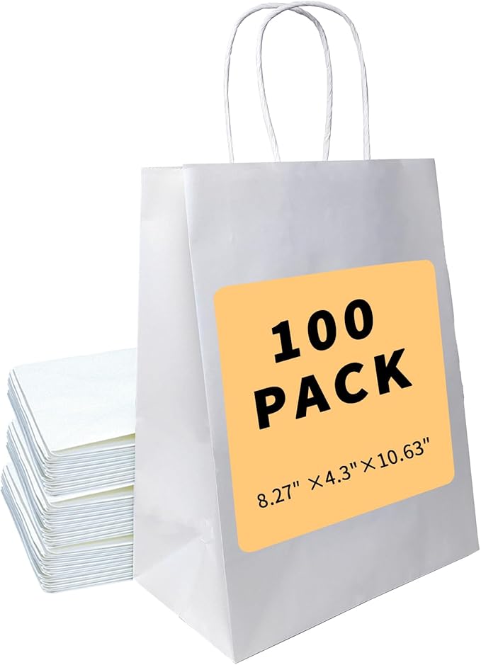 Gift Bags with Handles, 100 Count White Kraft Paper, Medium Size