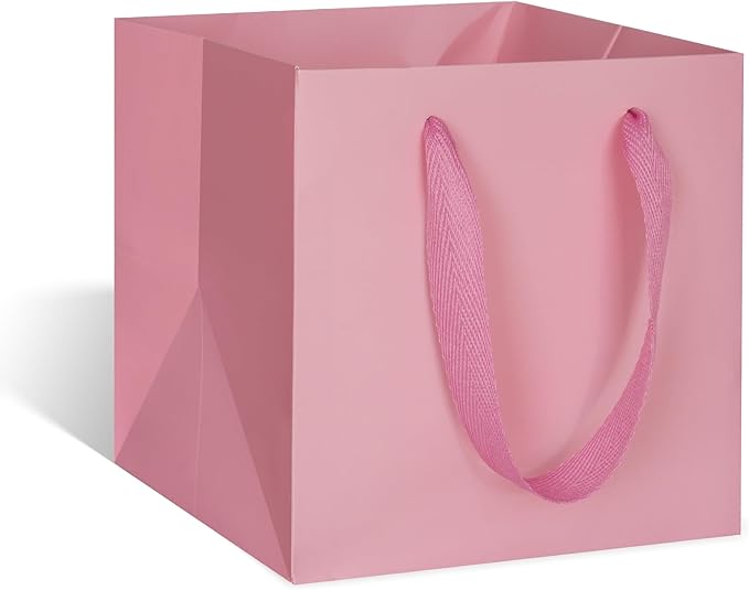 Gift Bags - Pink Square Bottom Paper Bags with Handles, 10 Pack, 10 x 10 Inch