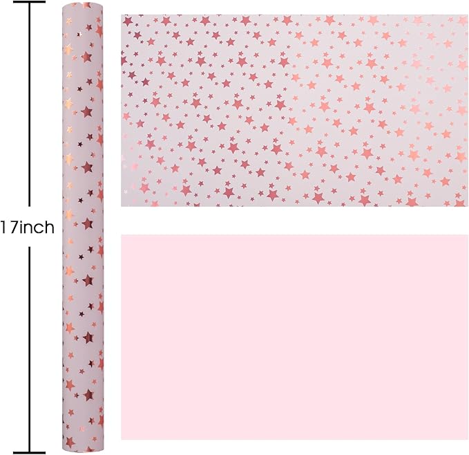 Burymento Gold Foil Five-Pointed Star Wrapping Paper, Reversible Pink Gift Wrap for Birthday, Valentines, Mothers day, Graduation, Wedding, Fathers day, Baby Shower, Christmas (17in x 32.8ft)