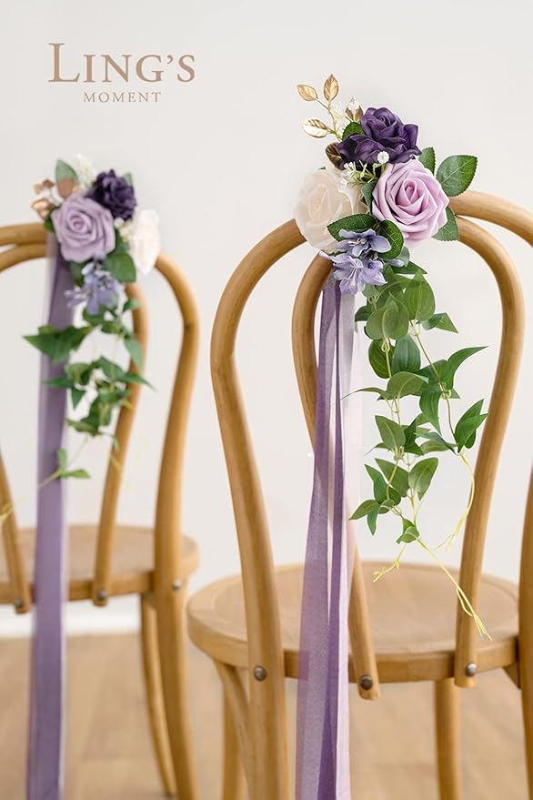 Artificial Pew Flowers, Lilac and Gold Silk Aisle Decor, 8 Pieces
