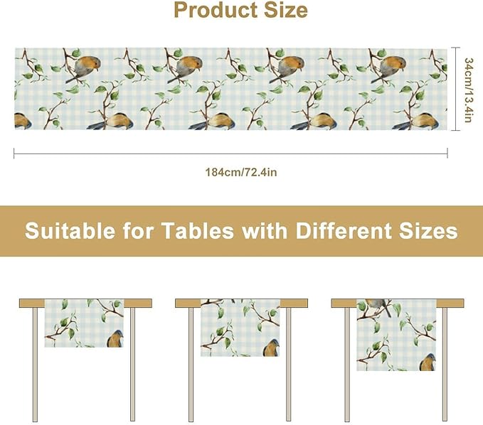 Bird Table Runner,Spring Birds Tree Blue Plaid Print Table Runner for Kitchen Dining Table Decoration Home Party Decor 13x70 Inch