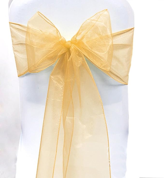 Dining Chair Sash Bows 25 Pack Gold Shimmering Organza 6.5 x 108 Inch