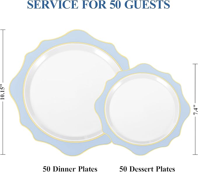 Disposable Party Plates, Blue Scalloped, BPA-Free Plastic, 100 Count