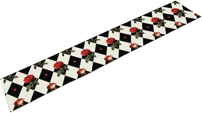 Vintage Rose Table Runner, Red Rose Hearts Black White Checkered Background Table Runner for Kitchen Dinning Table Runner Decor Home Wedding Party Holiday, 13x60 Inch