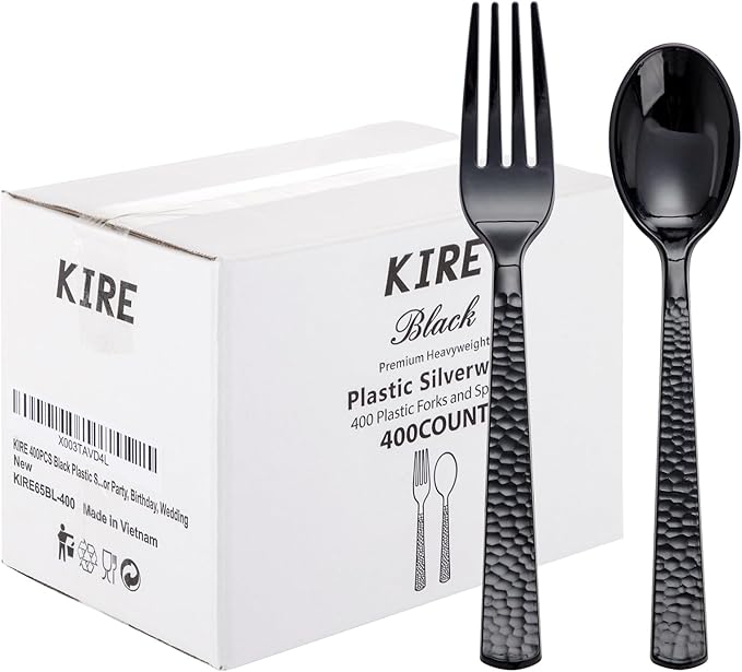 Spoons and Forks Set, Black Plastic Disposable, 400 Count, Hammered Finish