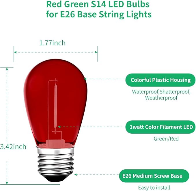 LED String Light Bulbs S14, 24 Pack, Red and Green, E26 Base