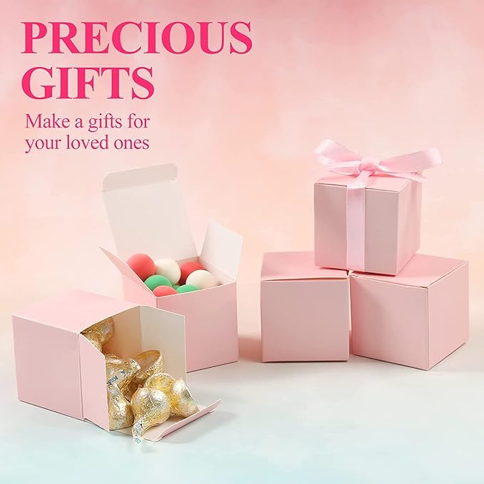 COTOPHER 25pcs Pink Wedding Favor Boxes, 3x3x3 Inch Gift Boxes with Ribbons for Wedding, Baby Shower, Birthday, Bridal Shower