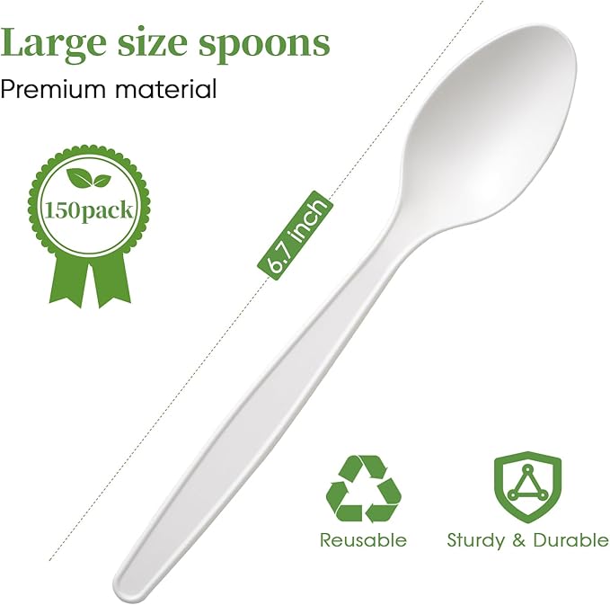 Disposable Spoons, 150 Count White Plant-Based, 6.7 Inch