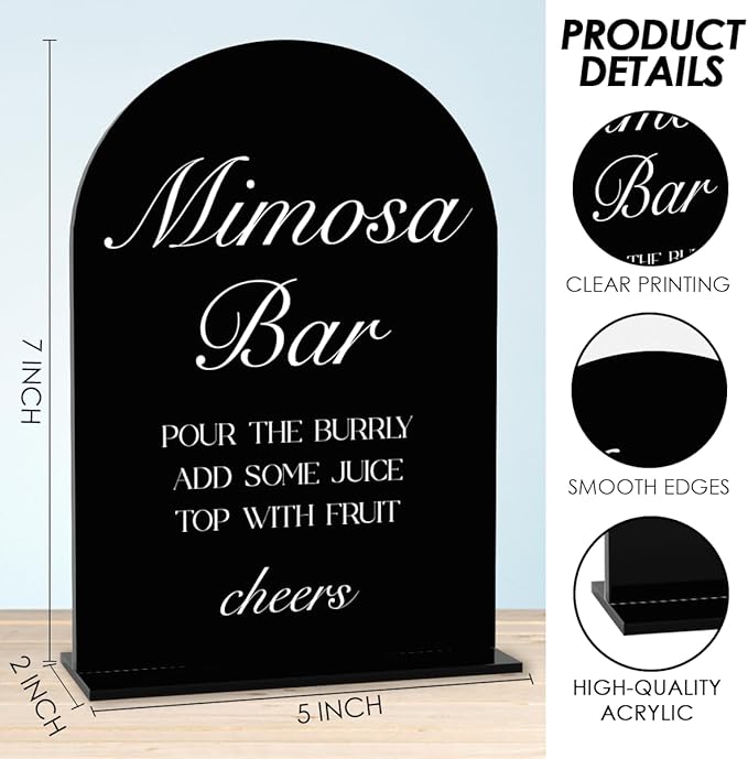 Black Mimosa Bar Sign, Open Bar Signs, Wedding Engagement Bridal Shower Decor for Reception Ceremony Party, Weddings Acrylic Sign