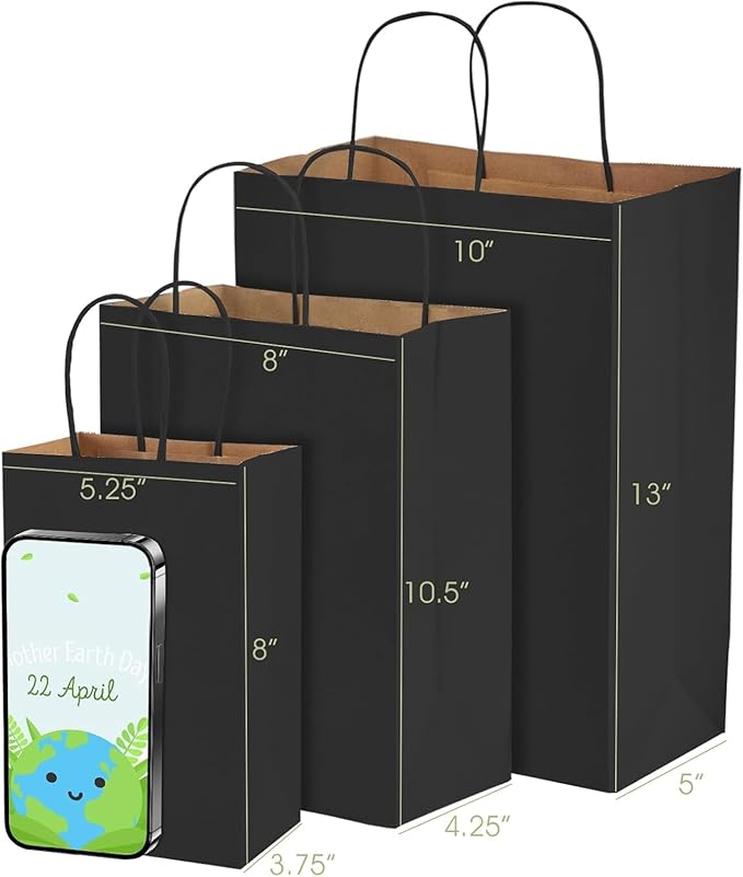 Gift Bags 500 Count Black Kraft Paper Bags with Handles, 5.25 x 3.75 x 8 Inch