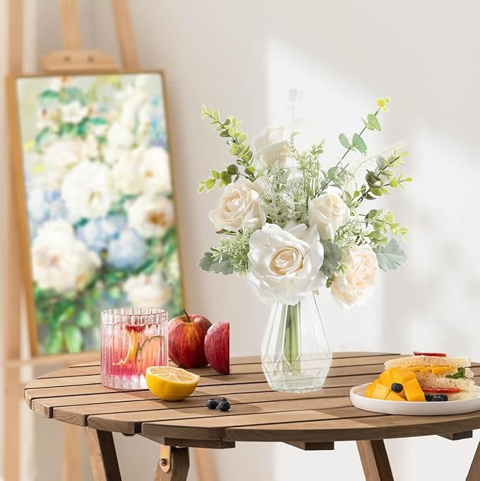 Artificial Flowers with Vase,White Silk Roses and Fake Plant Eucalyptus in Vase,Faux Flower Arrangement with Vase Suitable for Home Office Decoration, Living Room and Dining Table Centerpiece