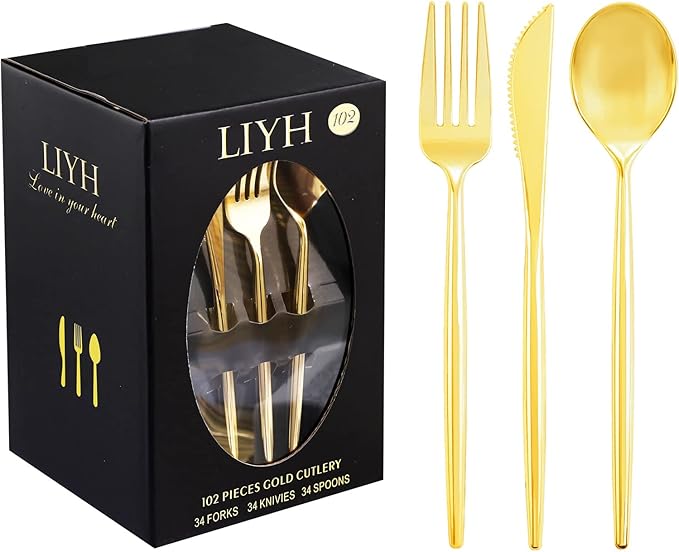 Forks Set: 102 Pieces Gold Plastic Disposable Cutlery with Knives and Spoons