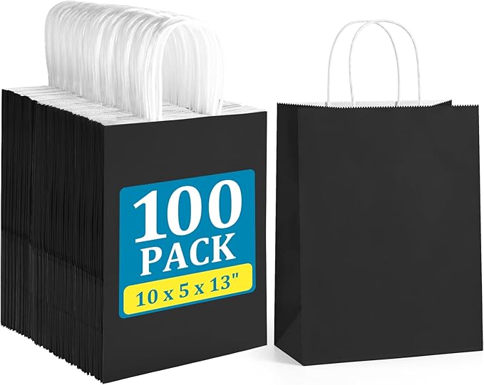 Gift Bags, Black Paper with Twisted Handles, 100 Pack, 10 x 5 x 13 Inch