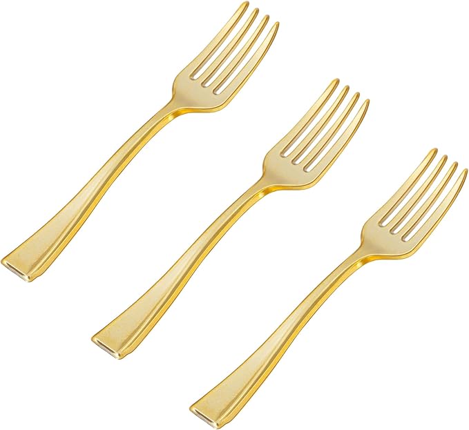 N9R 300PCS Gold Plastic Mini Forks, 4 Inches – Heavy Duty Disposable Cocktail, Dessert & Appetizer Forks, Elegant Party Serving Utensils for Tastings, Finger Foods, Weddings, Events