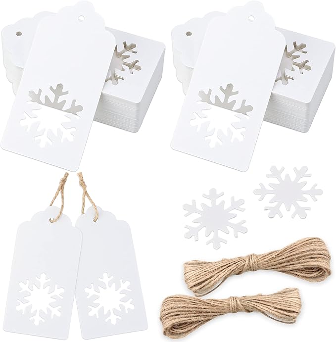 jijAcraft Christmas Gift Tags - 100Pcs Christmas Tags with String, Blank Xmas Name Labels, White Paper Hollow Trees, Rudolph, Snowflake Shapes Holiday Labels for Xmas Party Favors, DIY Crafts, Jar