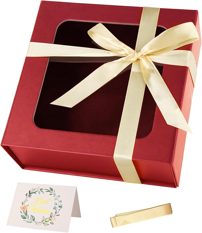 TIACABO Red Gift Box with Window,7.5"x7.5"x3.1" Bridesmaid Boxe for Gifts Giving,Birthday Gift Boxes with Magnetic,Closure Lid Gifts Boxes for Presents,Cute Box,Luxury for Gift Packaging