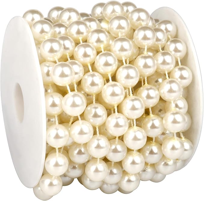 Pearl Bead Garland Trim, Ivory 12mm Beads, 16.4 Ft Roll