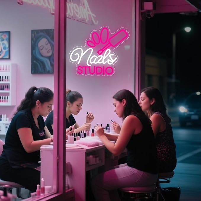 Nail Room Neon Sign,Pink Nails Studio LED Light for Wall Art Decor,Backdrop for Business Lash Salon Beauty Room Bar,Pink Dimmable Light Up Signs Gift for Girls Women Nail Tech USB Powered（14.2"*11.8"）