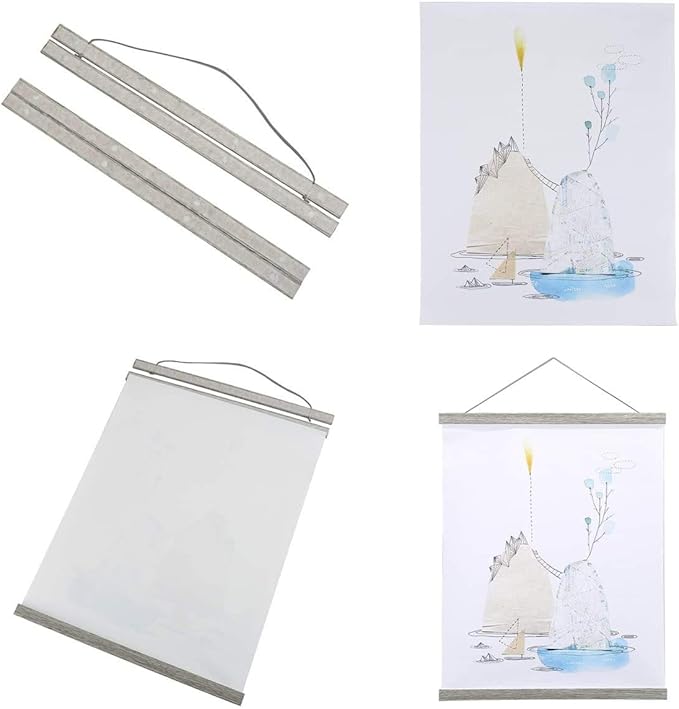 Magnetic Poster Hanger, 23x34 23x33 23x35 Poster Frame Wood Wooden Magnet Print Posters Dowel Scroll Hanger Hangers Hanging Kit for Walls Map Canvas Artwork (Grey, 23")