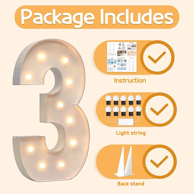 Marquee Number 3 Light Up Decor, 4 Feet Tall, Easy Assembly