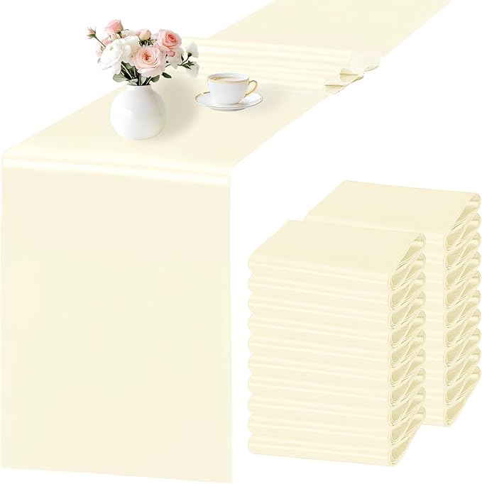 SHEJIZE 20 Pack White Satin Table Runner 12x108 Inches Long, Bright Silky Smooth Satin Table Runner Table Decor for Wedding Banquet Christmas Prom Event Birthday Party