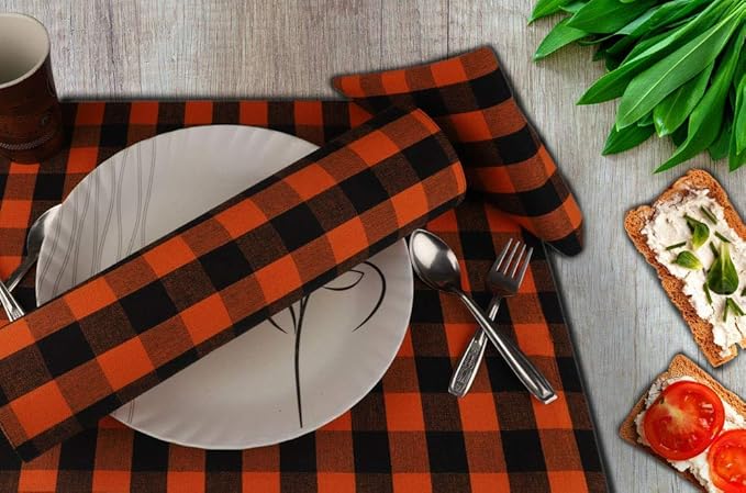 Square Cotton Cloth Napkins in Orange and Black Checkered Pattern