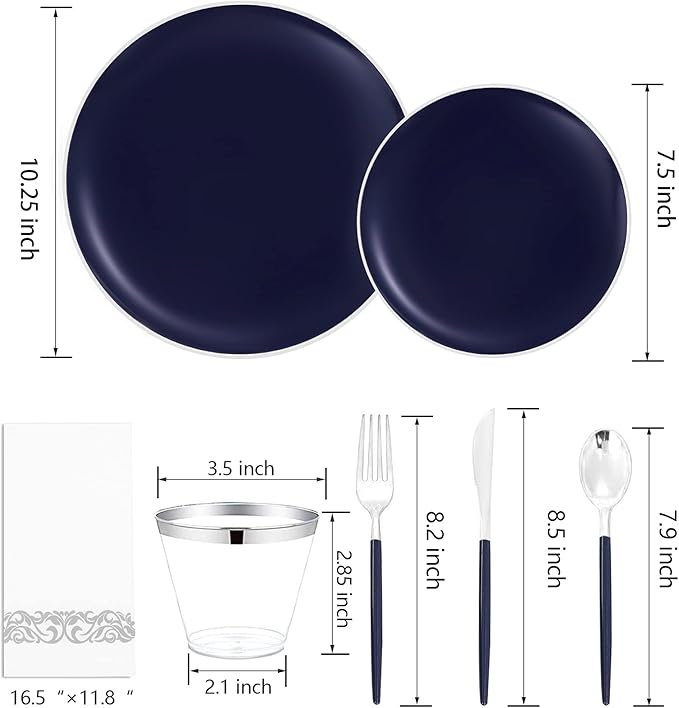 Plastic Plates, Blue and Silver Disposable Set for 25 Guests
