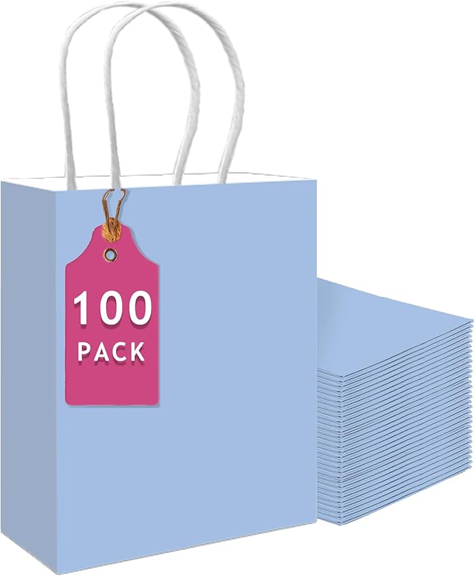 Gift Bags, 100 Light Blue Paper Bags for Party Favors