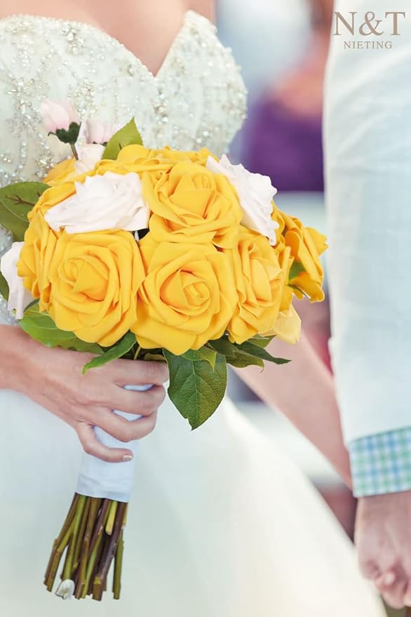 N&T NIETING Artificial Flowers, 50Pcs Fake Flowers Roses Perfect for DIY Wedding Bouquets Centerpieces Bridal Shower Party Home Flower Arrangement Decorations, Gold