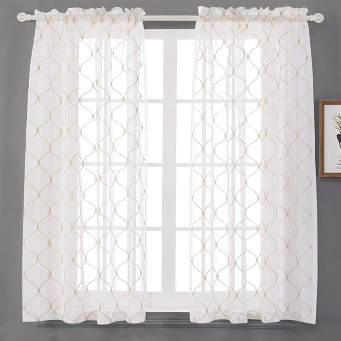 Sheer Curtains Gold 45 Inches, Embroidered Wave Diamond Rod Pocket Voile Drapes for Living room, Bedroom, Window Treatments Semi Curtain Panels for Yard, Patio, Villa, Parlor, Set of 2, 52"x 45".