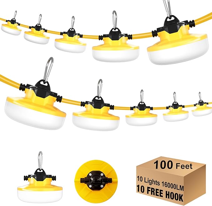 String Lights, 100 ft White LED Work Lights with 16,000 Lumens