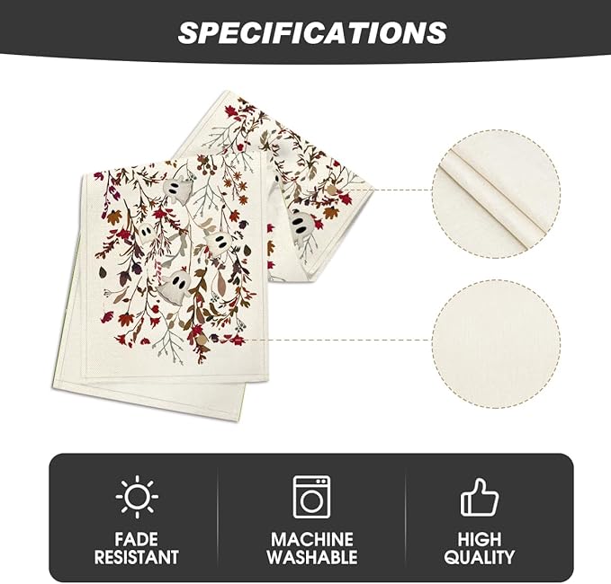 Artoid Mode Ghost Flowers Leaves 210 GSM Halloween Table Runner,Seasonal Fall Kitchen Dining Table Decoration for Home Party Decor 13x48 Inch