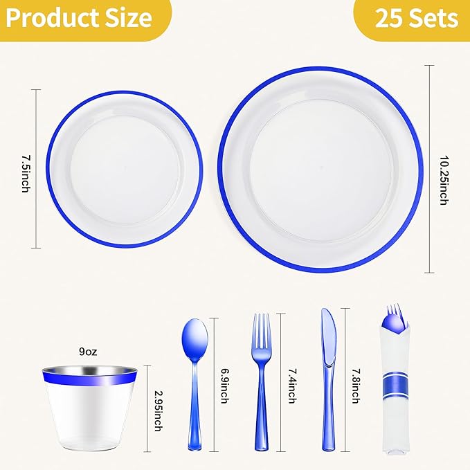 Plates Set for 25 Guests, 175 Pieces, Dark Blue with Blue Rim