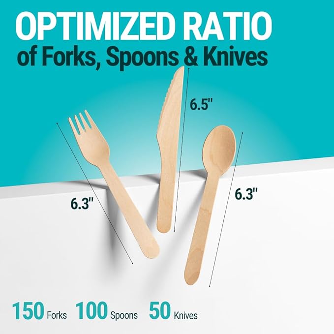 Disposable Wooden Cutlery Set, 300 Pieces, Natural Birch Wood