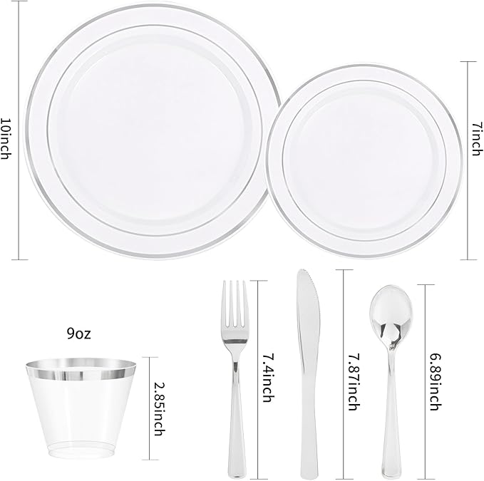 Plates Set with Silver Rim, White Plastic, 300 Pieces Total