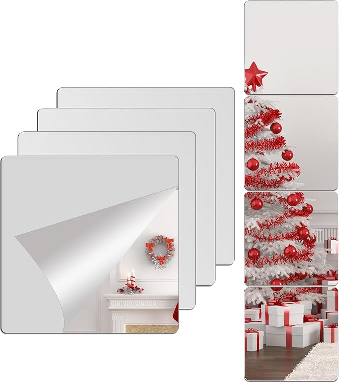 Unbreakable Acylic Small Mirror Tiles for Kids, (4-Pcs 14x14 Inch) Plastic Mirrors for Wall, Stick on Mirrors for Wall Decor, Shatterproof Mirror for Kids Bedroom