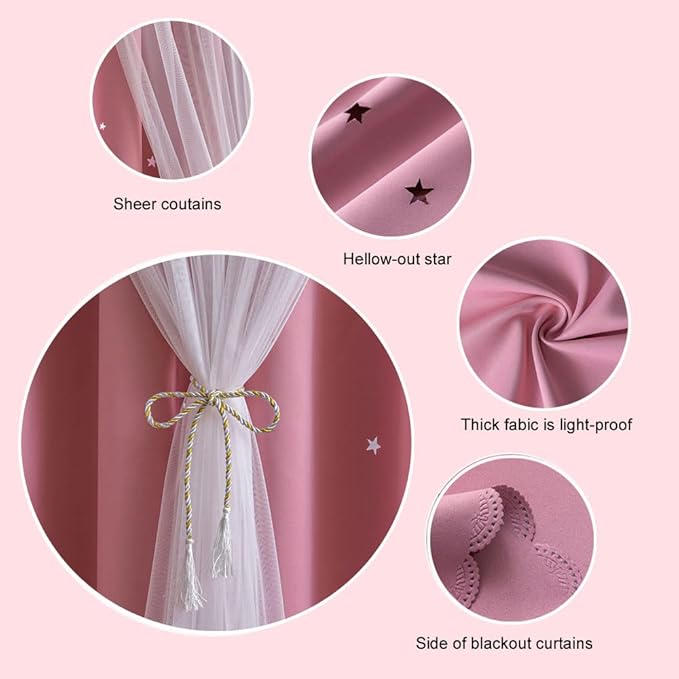 FANLI 2 Panels Star Blackout Curtains for Kid Girls Bedroom Living Room Darking Stripe Double Layer Star Cut Out Wall Home Decor Gradient Grommet Window Curtains (Pink 84L)
